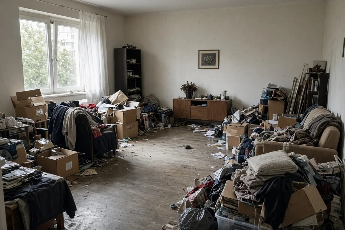 Stark vermüllter Wohnraum vor einer diskreten Messie-Wohnung-Entrümpelung
